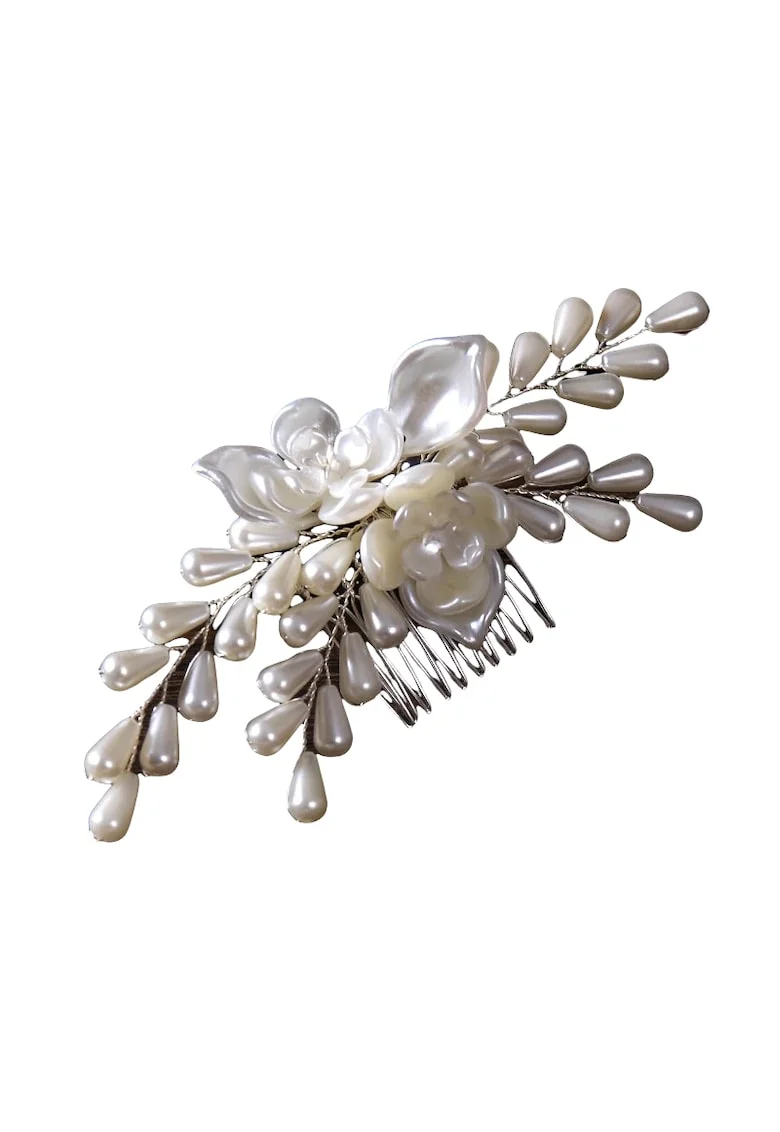 Set accesoriu de par si cercei,  argintiu, cu flori albe si perle, 15.5 cm, Megan C9