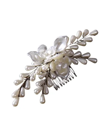 Set accesoriu de par si cercei,  argintiu, cu flori albe si perle, 15.5 cm, Megan C9