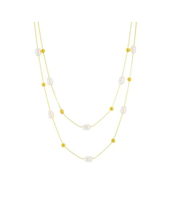 Colier auriu, in 2 straturi, din otel inoxidabil, cu perle, suflat cu aur 18k, Raian C5