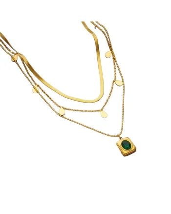 Colier auriu, in 3 straturi, cu piatra verde, Derek C6,