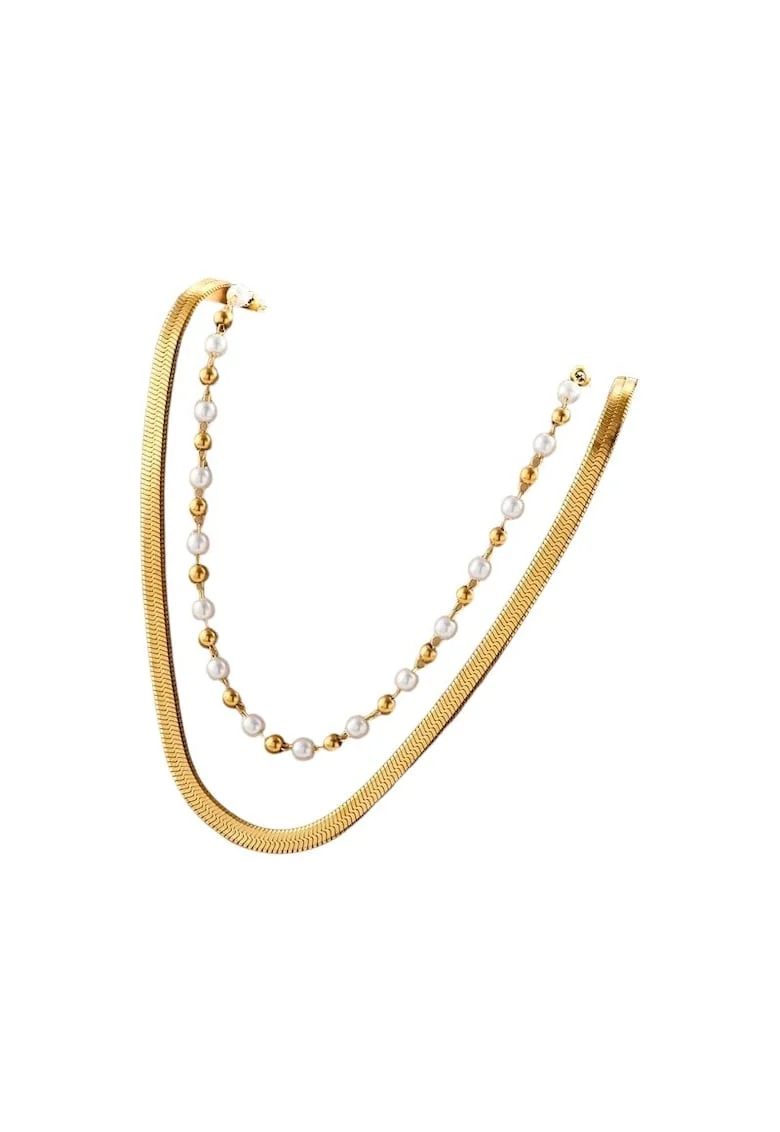 Colier auriu, in 2 straturi, din otel inoxidabil, cu perle, suflat cu aur 18k, Raisa C5