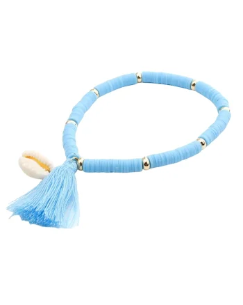 Bratara bleu,  cu ciucure si scoica, pe elastic, 18.5 cm, Mariela C1