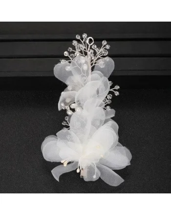 Accesoriu par, argintiu, cu flori albe si pietre, Oliwer C8,