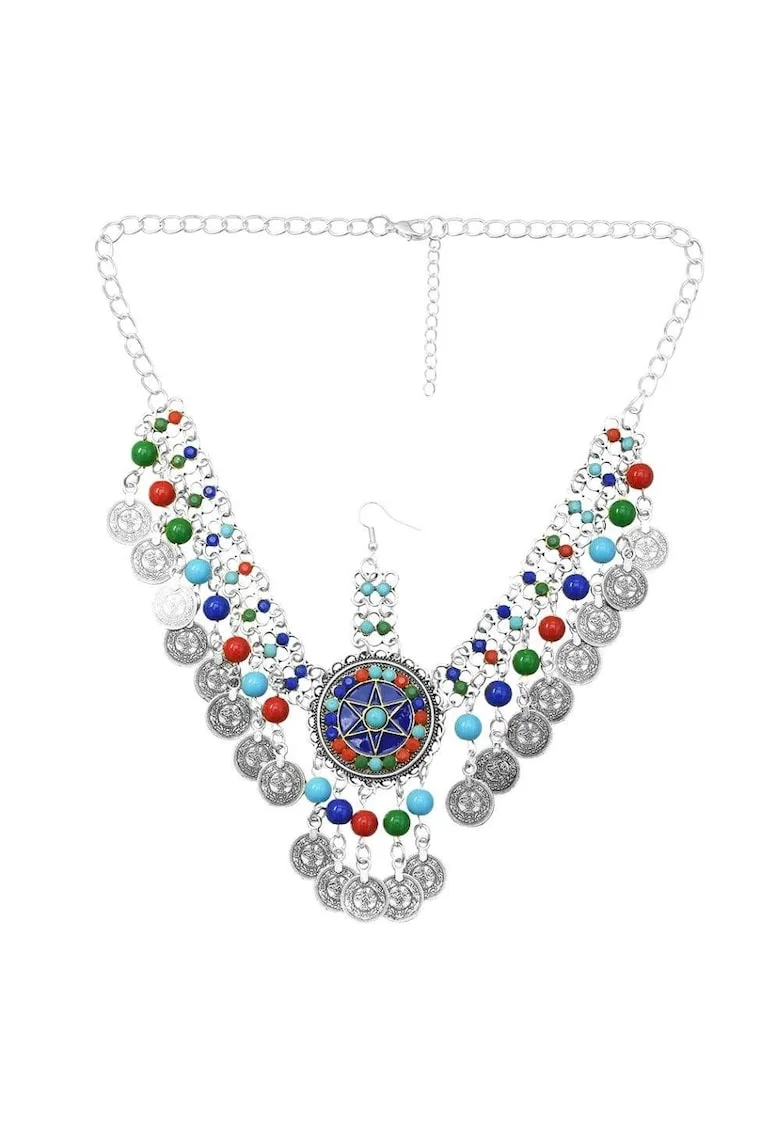 Accesoriu de cap, argintiu, cu banuti si margelute colorate, Amalius C8,