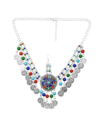 Accesoriu de cap, argintiu, cu banuti si margelute colorate, Amalius C8,