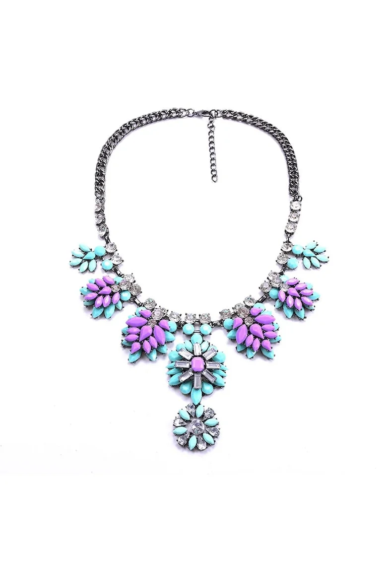 Colier argintiu, masiv, cu pietre mov si turquoise, Jasmina C4,