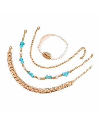 Set 4 bratari, de picior, aurii, cu pietre turquoise si scoica metalica, Birthe C8,