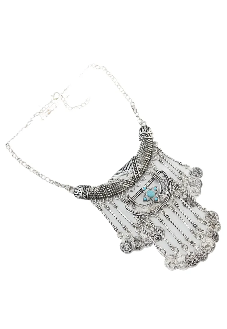 Colier argintiu, cu banuti si pietre turquoise, Saras C12,