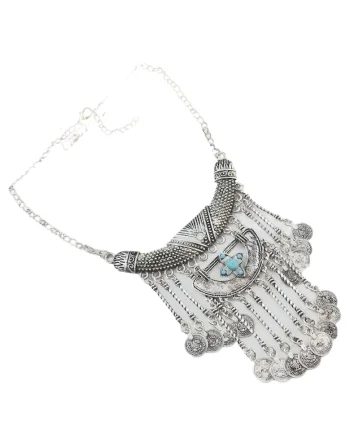 Colier argintiu, cu banuti si pietre turquoise, Saras C12,