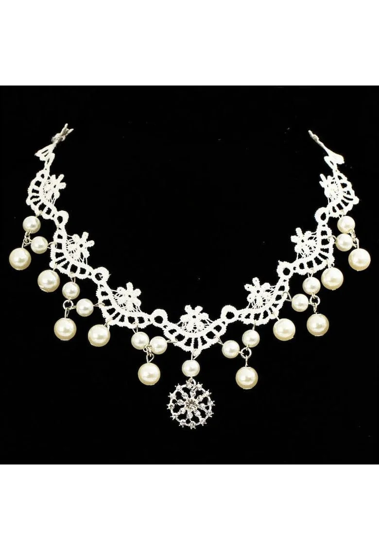 Accesoriu de frunte, argintiu, cu dantela alba si perlute, Annalise C6,