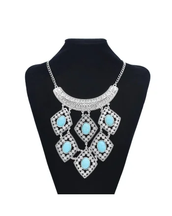 Colier argintiu, cu pietre turquoise, Edda C13,