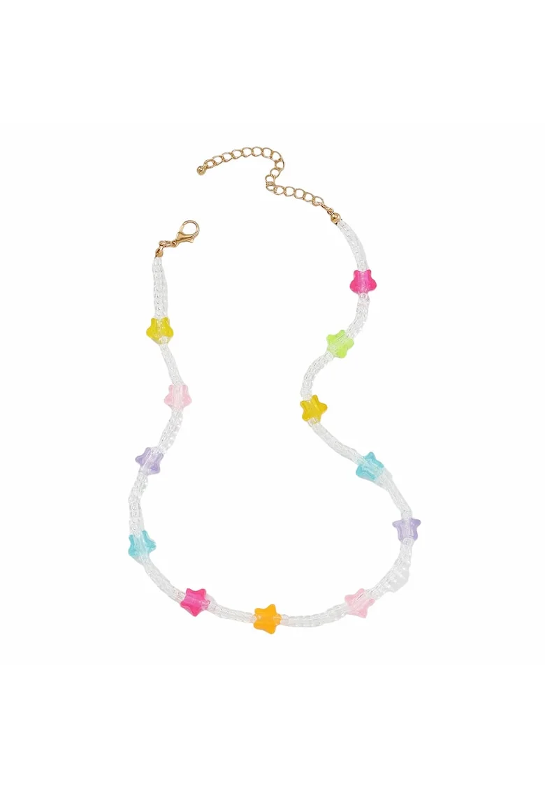 Colier auriu, cu margelute transparente si stelute colorate, Julieta C13,
