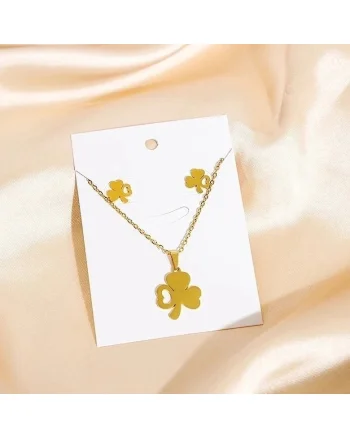 Set colier si cercei, auriu, din otel inoxidabil, suflat cu aur 18k, cu trifoi, Hella C3
