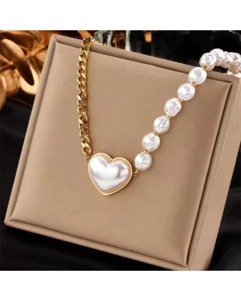 Colier auriu, din otel inoxidabil, cu perle si pandantiv inima, suflat cu aur 18k, Throtti C1