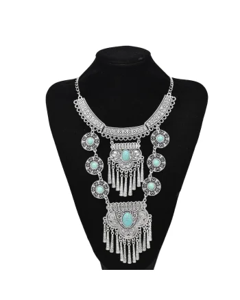 Colier argintiu, lung, stil boho, cu pietre turquoise, Liam C28,