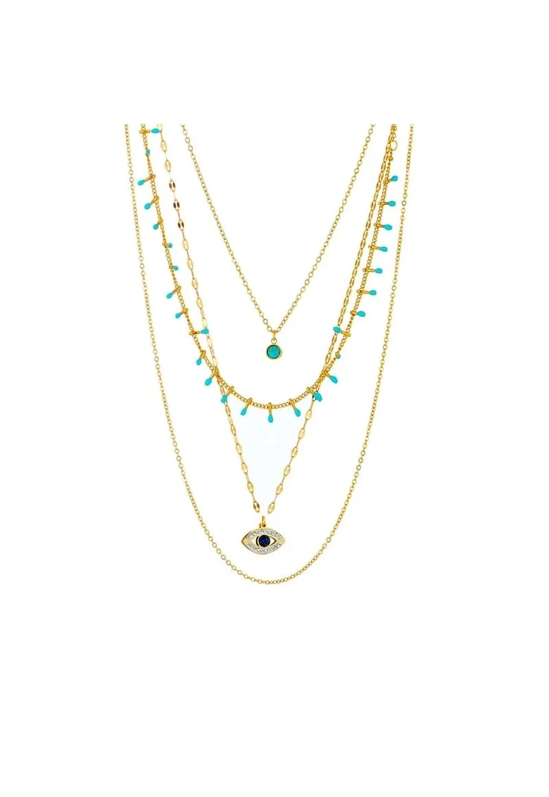Colier auriu, in 4 straturi, din otel inoxidabil, cu margelute turquoise si pietre, suflat cu aur 18k, Ragni C5