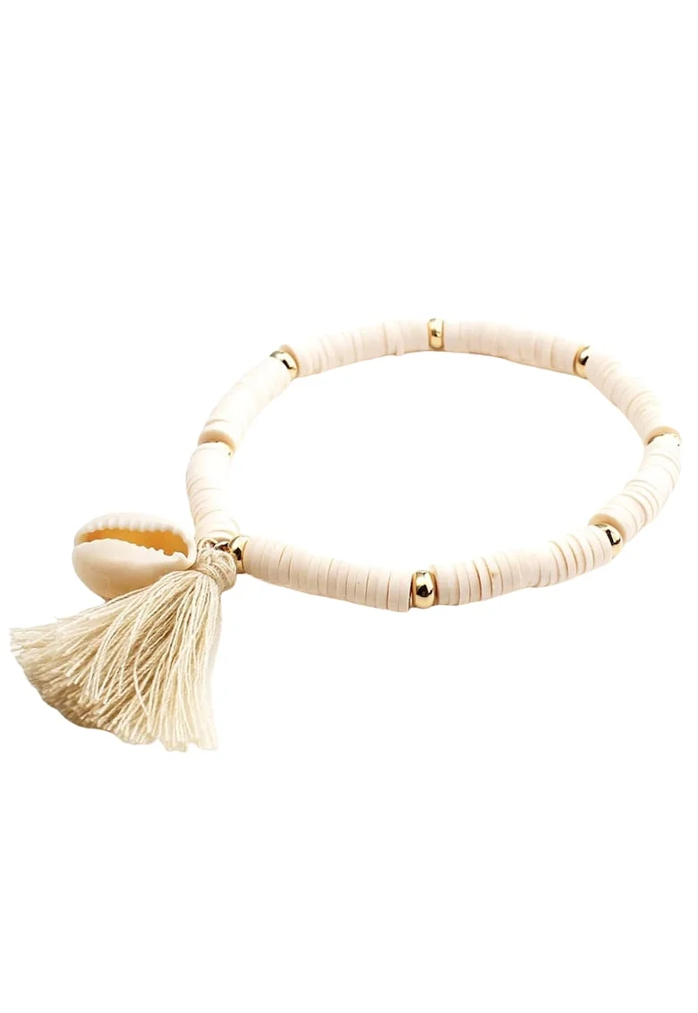 Bratara bej,  cu ciucure si scoica, pe elastic, 18.5 cm, Marie C1