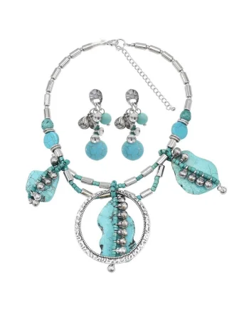 Set colier si cercei, argintiu, cu pietre turquoise, Sanni C8,