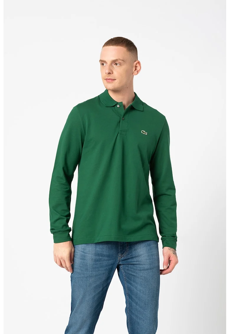 Bluza polo din bumbac si material pique, Verde inchis/Verde englez