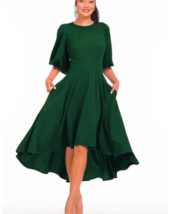 Rochie catifelata asimetrica cu maneci bufante