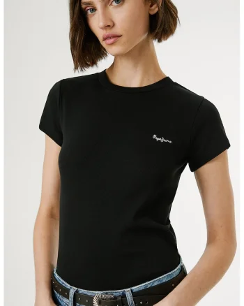 Tricou cu decolteu la baza gatului si logo brodat, Negru