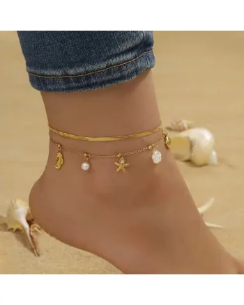 Bratara de picior, aurie, din otel inoxidabil, suflata cu aur 18k, cu motive marine si perlute, Adela C4