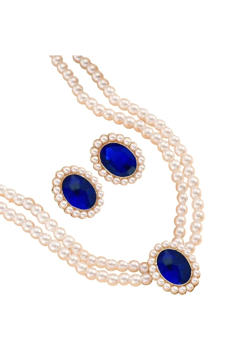 Set colier choker si cercei, auriu, cu perle si pietre albastre, Osar C5