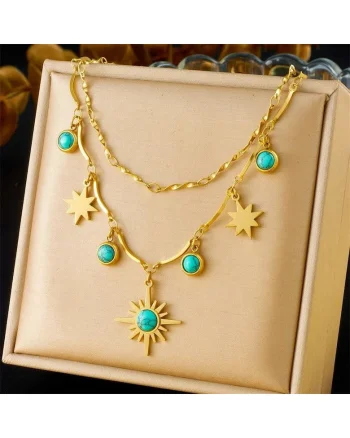 Colier auriu, din otel inoxidabil, suflat cu aur 18k, cu soare si stelute, Desire C9