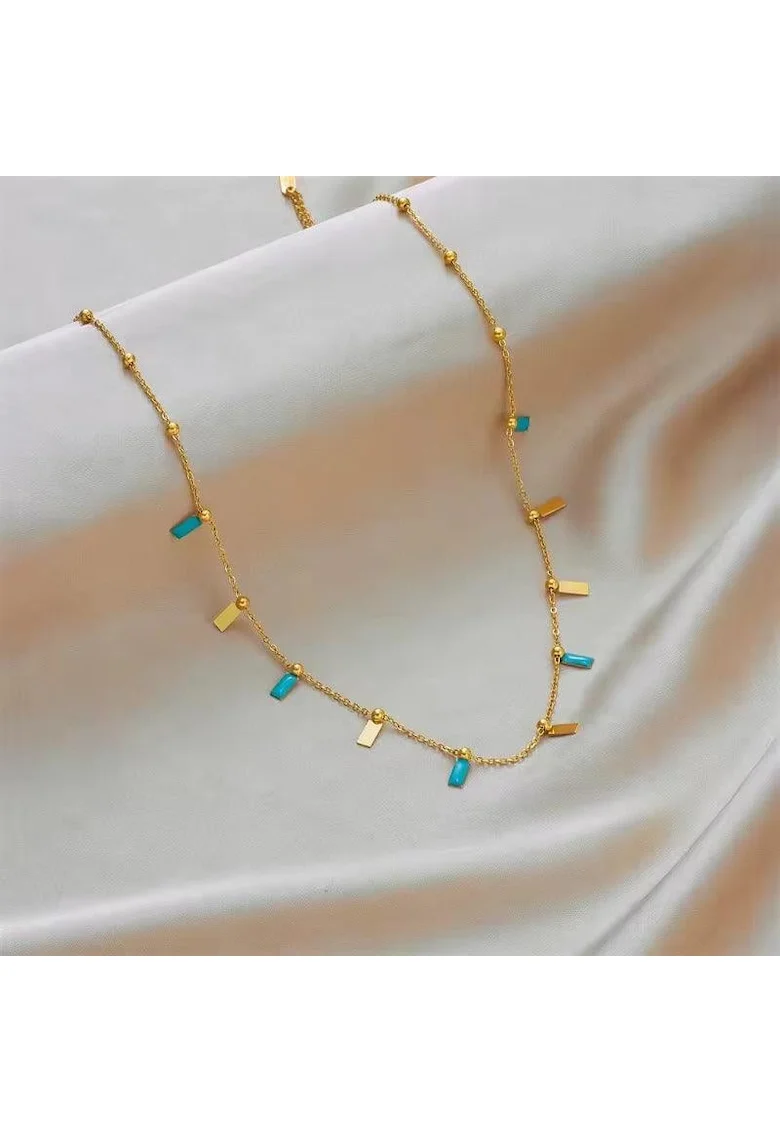 Colier auriu, din otel inoxidabil, cu piese turquoise, suflat cu aur 18k, Berite C9