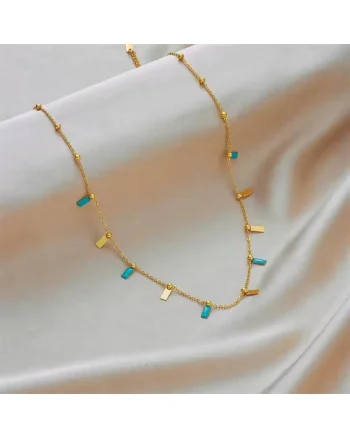 Colier auriu, din otel inoxidabil, cu piese turquoise, suflat cu aur 18k, Berite C9