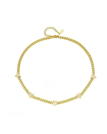 Colier auriu, din otel inoxidabil, cu zale si stelute, suflat cu aur 18k, Raimo C6