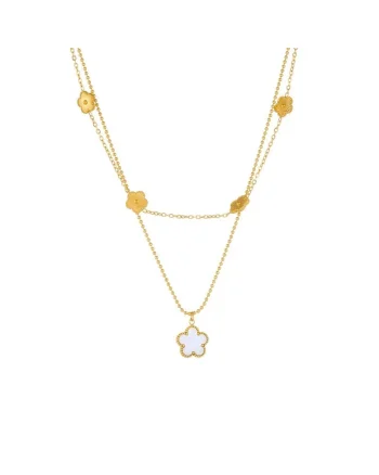 Colier auriu, din otel inoxidabil, in 2 straturi, cu pandantiv floricica, suflat cu aur 18k, Bethany C9