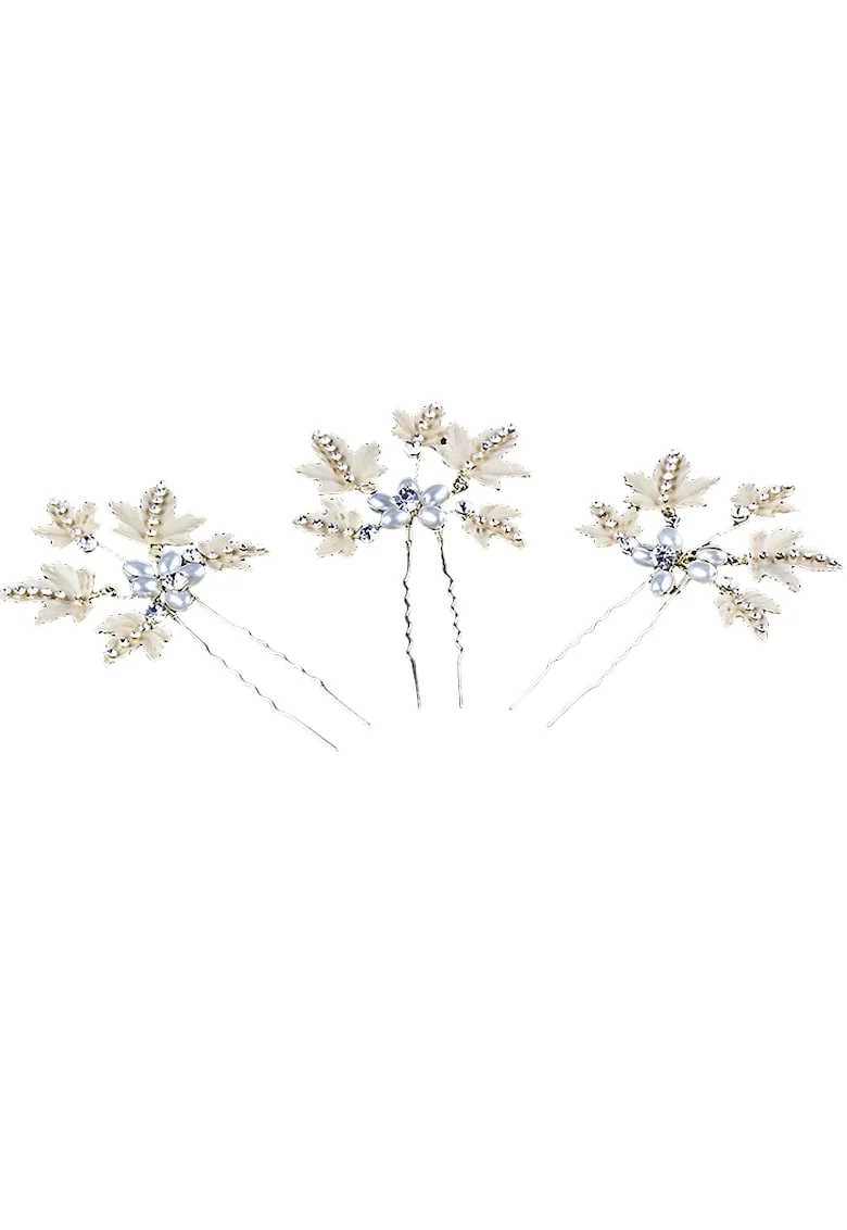 Set 3 accesorii par, aurii, tip ac, cu perle si frunzulite, Edina C5,