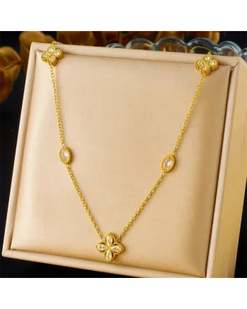 Colier auriu, din otel inoxidabil, suflat cu aur 18k, cu floricele si pietre din zirconiu, Denny C12