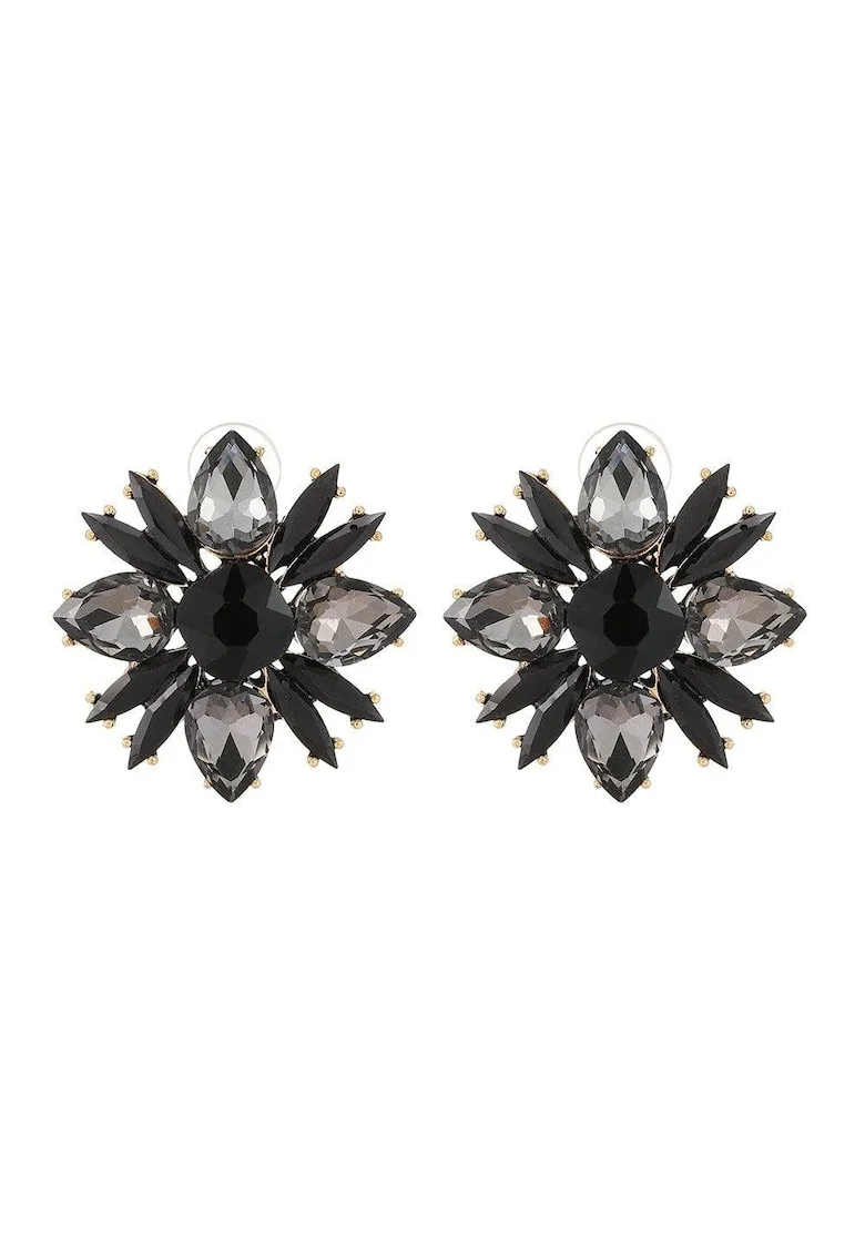 Cercei aurii, forma de floare, cu pietre negre, Esther C9,