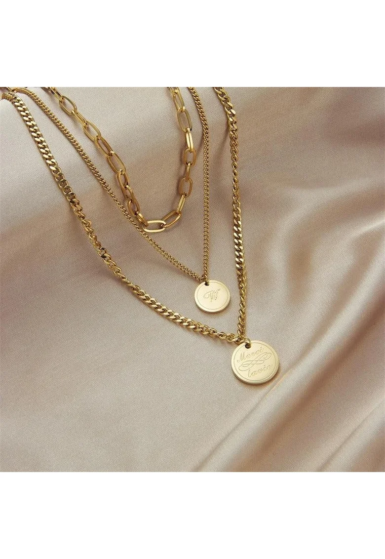 Colier auriu, din otel inoxidabil, suflat cu aur 18k, in 3 straturi, cu banuti, Doreen C12