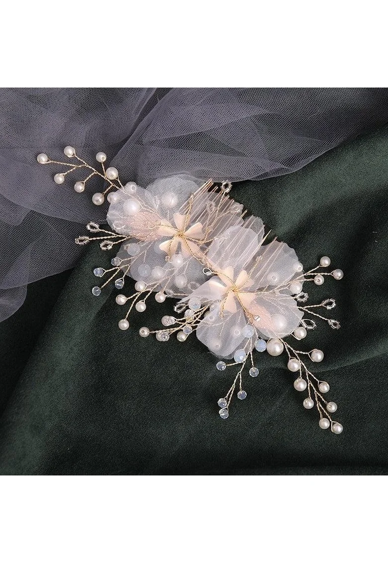 Accesoriu de par, auriu, cu flori albe si perlute, Embla C15,