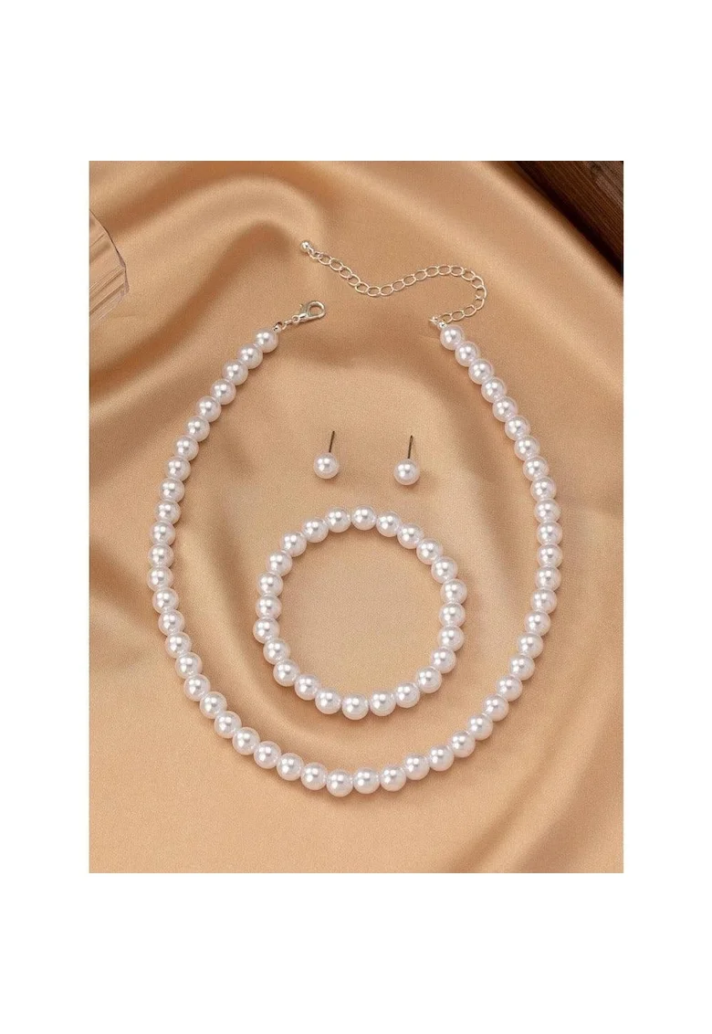 Set colier, bratara si cercei, argintiu, cu perle, Aija C24