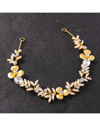 Accesoriu de par, auriu, modelator, cu floricele si perlute, Elvina C15,