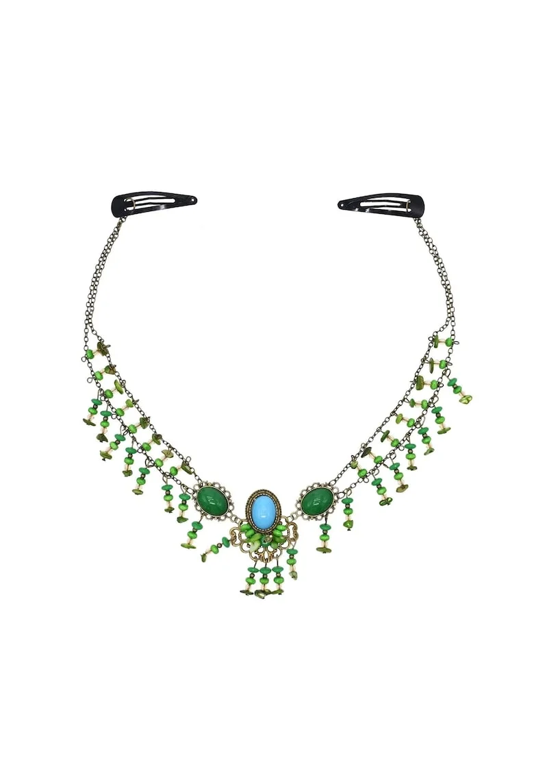 Accesoriu de frunte, auriu, cu margelute verzi, Frode C7,