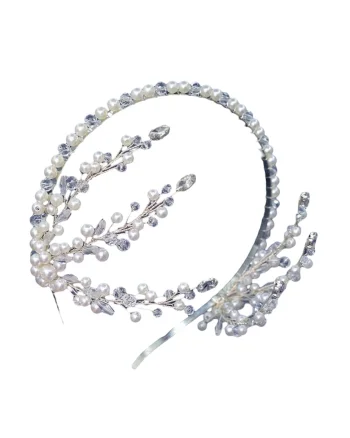 Accesoriu de par argintiu, cu frunzulite laterale, cristale si perle, Bartha C2