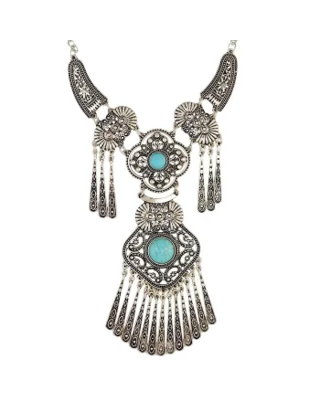Colier argintiu, cu pietre turquoise, Sarika C12,