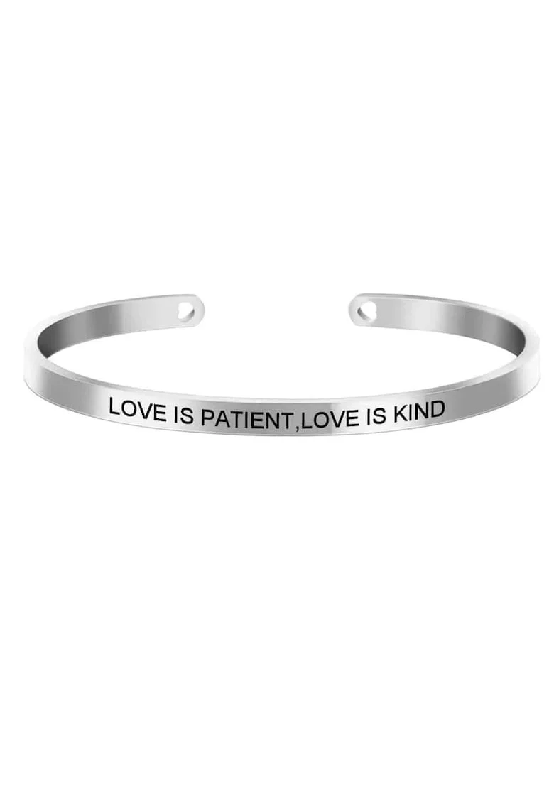 Bratara ajustabila, argintie, gravata Love is patient, love is kind
