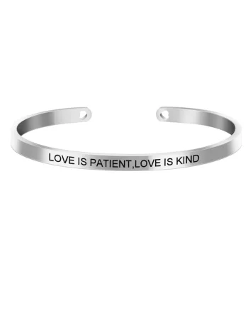 Bratara ajustabila, argintie, gravata Love is patient, love is kind