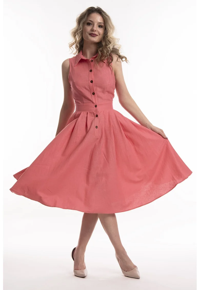 Rochie midi de in cu croiala evazata Valeria, Rosu deschis