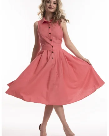 Rochie midi de in cu croiala evazata Valeria, Rosu deschis