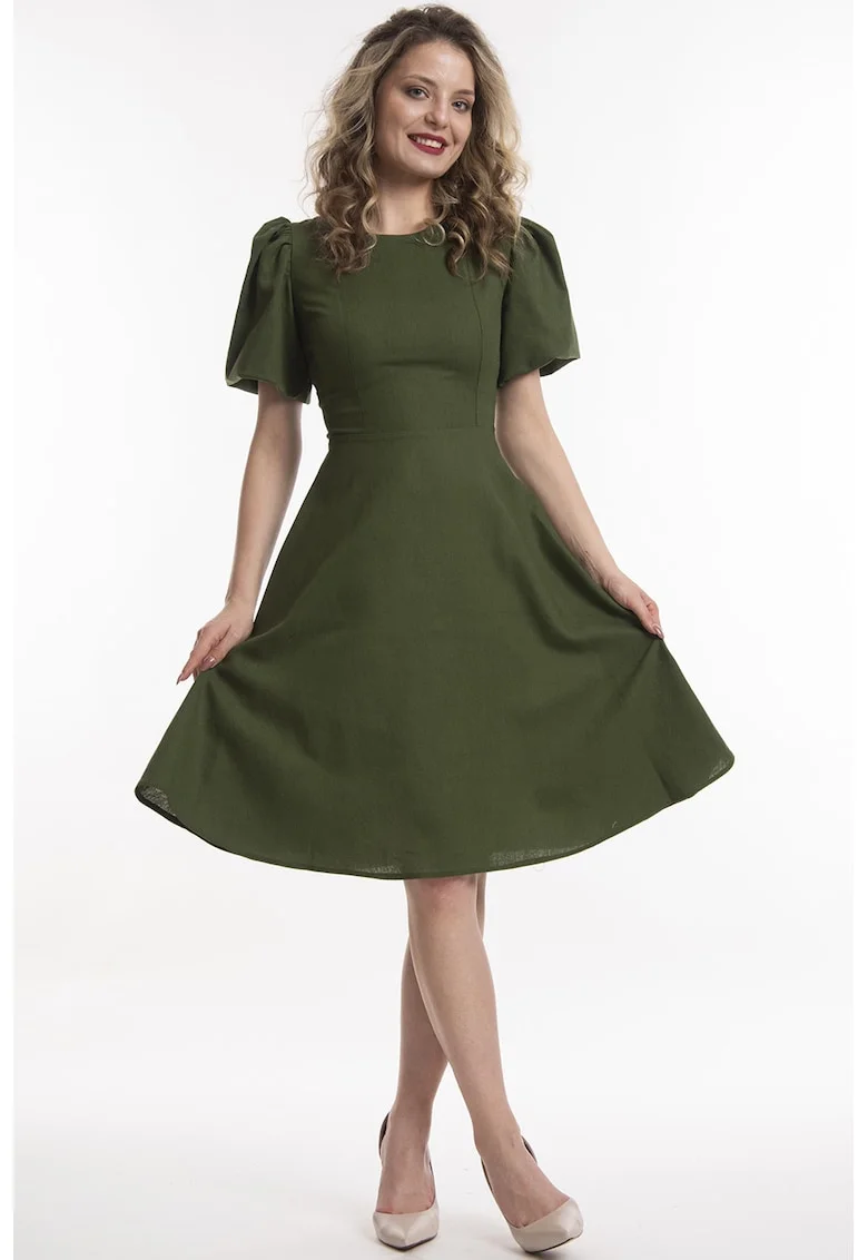 Rochie evazata de in cu maneci scurte, Verde masliniu inchis
