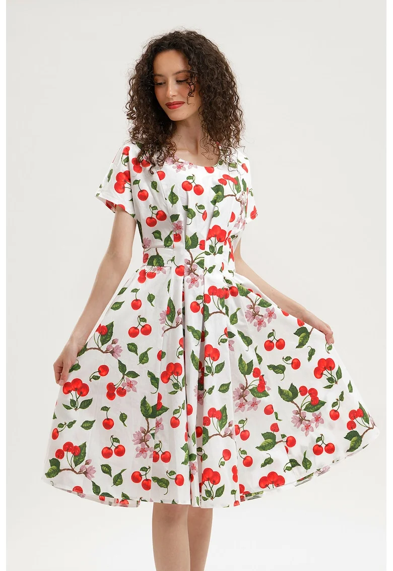 Rochie midi evazata cu detaliu innodat pe spate, Rosu/Alb/Verde masliniu inchis