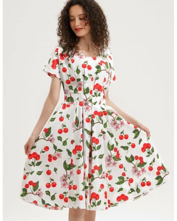 Rochie midi evazata cu detaliu innodat pe spate, Rosu/Alb/Verde masliniu inchis