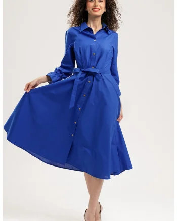 Rochie-camasa midi de bumbac, Albastru royal